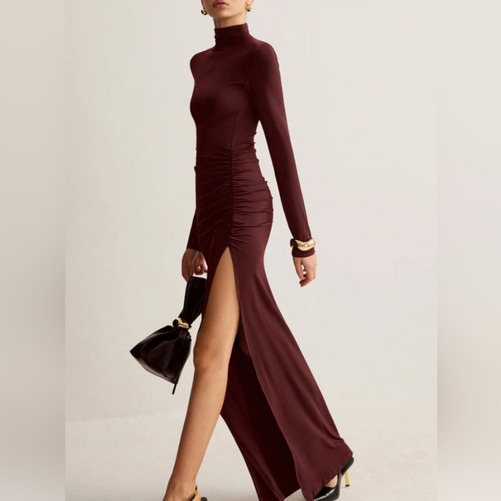 Long Sleeve Turtleneck Ruched Maxi Dress - Burgundy